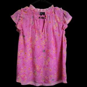 Generation‎ Love Pink Floral 100% Silk Ruffle Flutter Sleeve Blouse Top Small